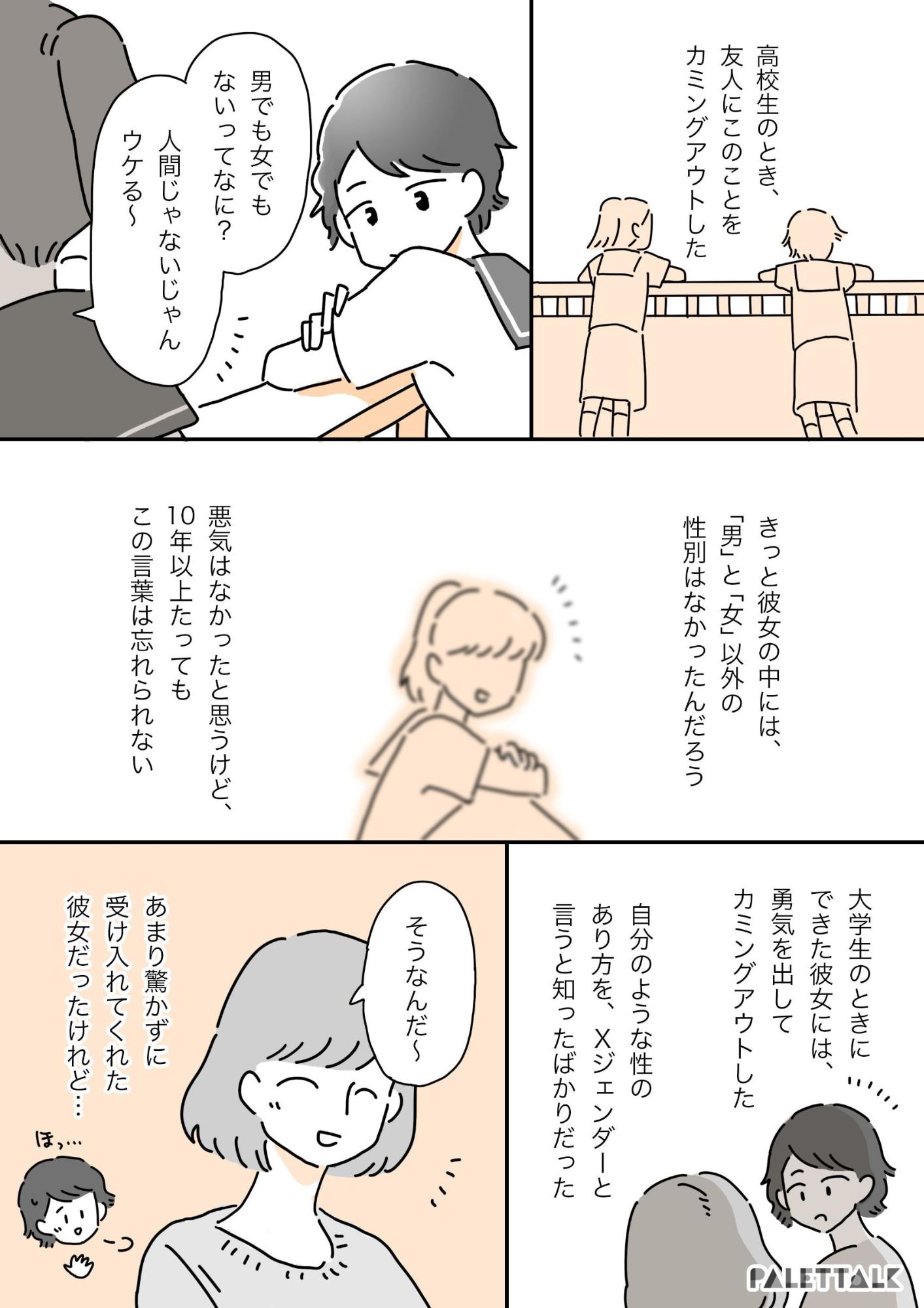 高校生の時、友人にこのことをカミングアウトした。 同級生「男でも女でもないって何？人間じゃないじゃん、ウケる」 きっと彼女の中には、「男」と「女」以外の性別はなかったんだろう。 悪気はなかったと思うけど、10年以上経ってもこの言葉は忘れられない。 大学生の時にできた彼女には、勇気を出してカミングアウトした。 自分のようなせいのあり方をXジェンダーだというと知ったばかりだった。 彼女「そうなんだ」 あまり驚かずに受け入れてくれた彼女だったけれど