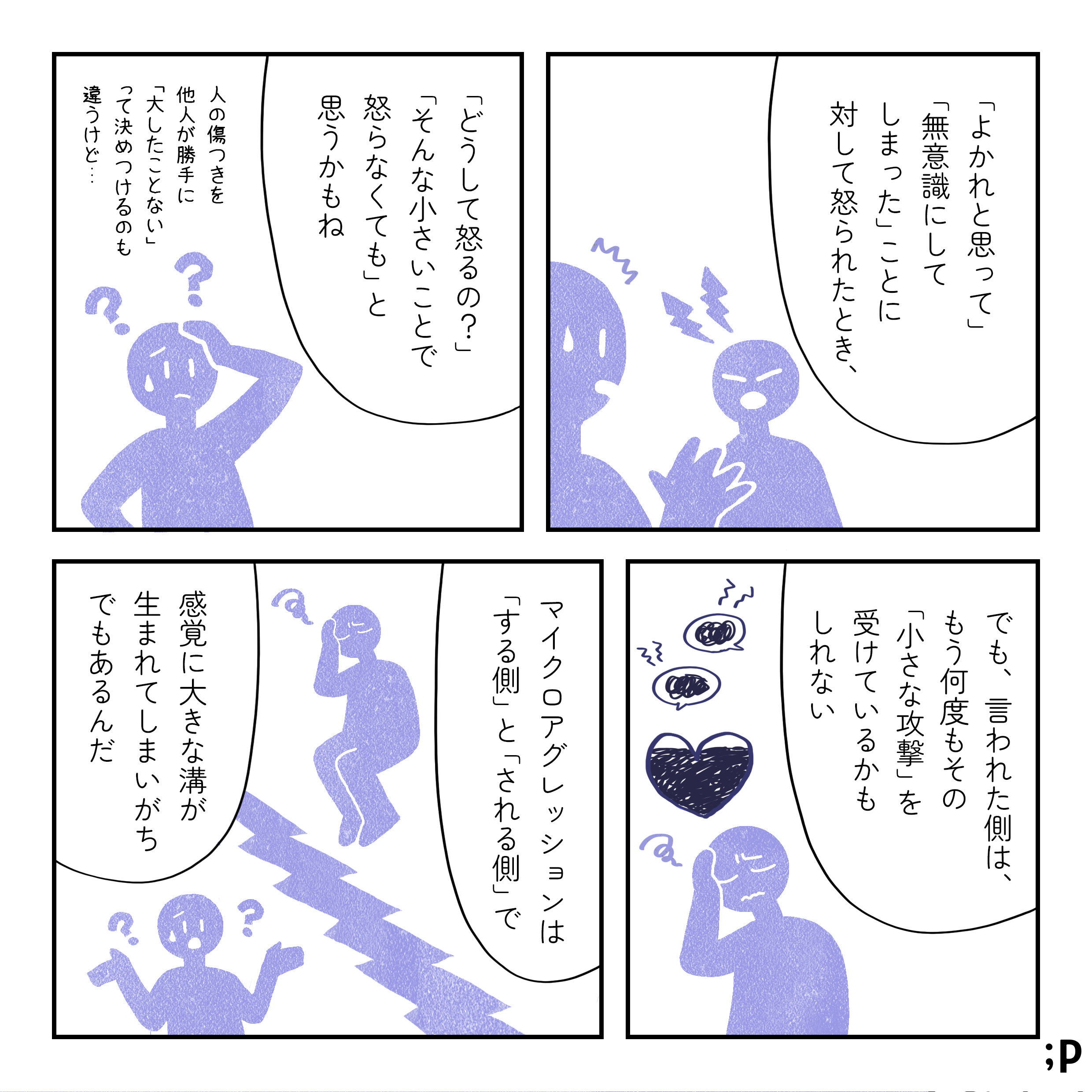 「よかれと思って」「無意識にしてしまったこと」に対して怒られたとき、 「どうしてそんなにおこるの？」「そんな小さいことで怒らなくても」と思うかもね 人の傷つきを他人が勝手に「たいしたことない」ってきめつけるのも違うけど でも言われた側は、もう何度もその「小さな攻撃」を受けているかもしれない マイクロアグレッションは、「する側」と「される側」で 感覚に大きな溝がうまれてしまいがちでもあるんだ