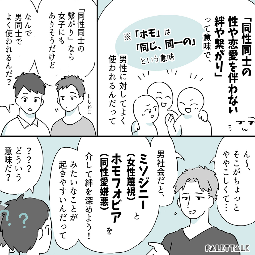 「同性同士の性や恋愛を伴わない絆や繋がり」って意味で、男性に対してよく使われるんだって ※「ホモ」は「同じ、同一の」という意味 A：でもさあ、「同性同士のつながり」なら友情とは違うの？そんなにネガティブじゃないような気がするけど B：たしかに C:ん～、そこがちょっとややこしくて…男社会だと、ミソジニー（女性蔑視）とホモフォビア（同性愛嫌悪））を介して絆を深めよう！みたいなことが起きやすいんだって B：？？？どういう意味だ？