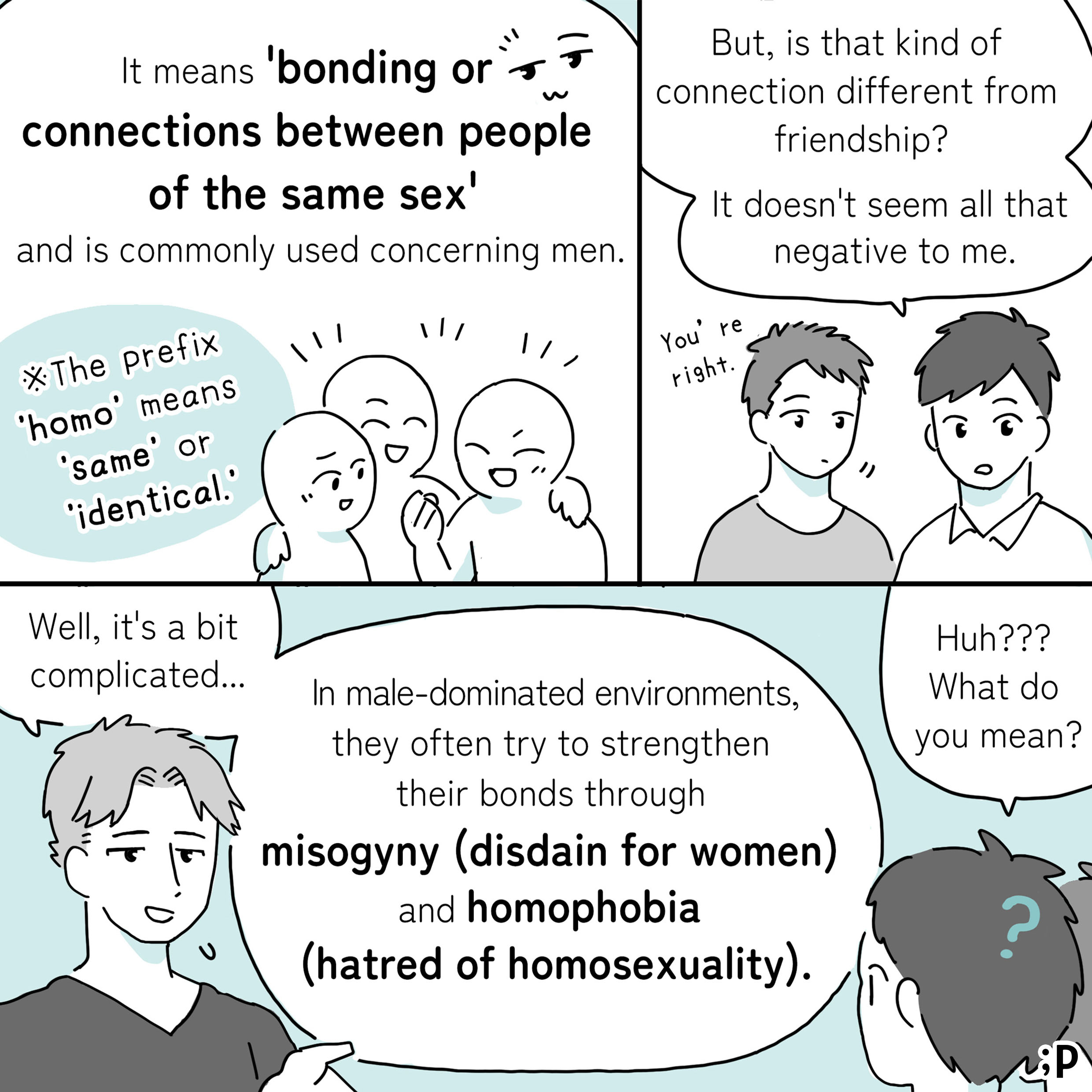 The top section shows C explaining. A large speech bubble next to him reads, 