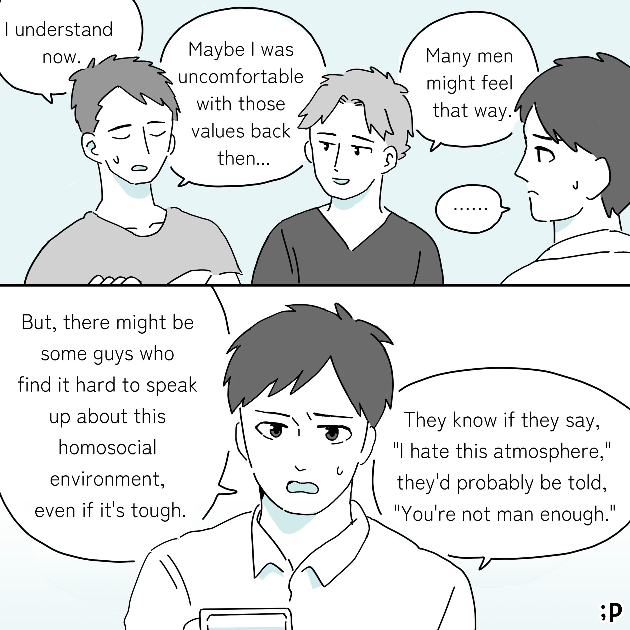 The top section shows three men talking. B says, 