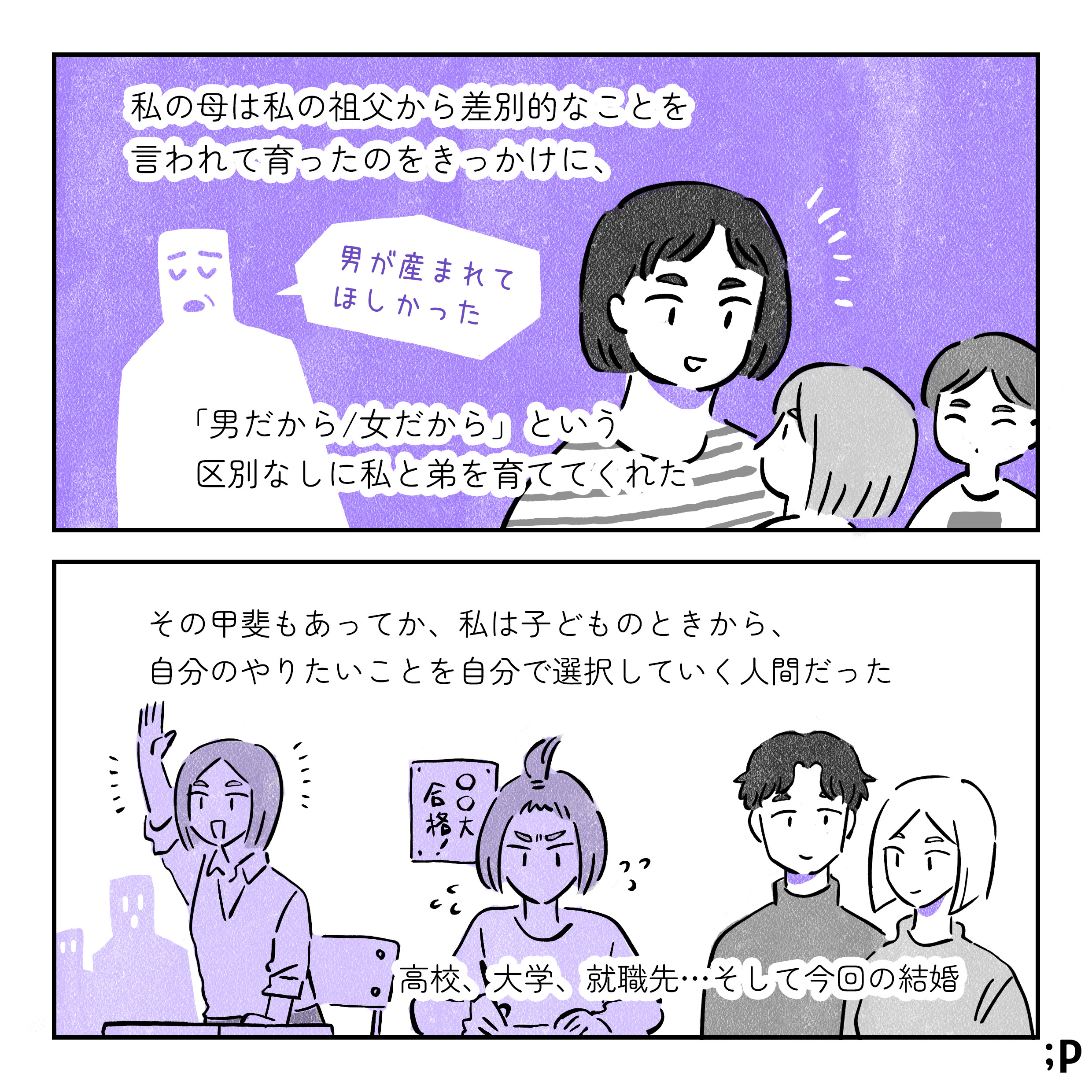 私の母は私の祖父から差別的なことを言われて育ったのをきっかけに、「男だから／女だから」と言う区別なしに私と弟を育ててくれた 祖父「男が生まれてほしかった」 その甲斐もあってか、私は子どもの時から、自分のやりたいことを自分で選択していく人間だった 高校、大学、就職先…そして今回の結婚 ○○大合格！