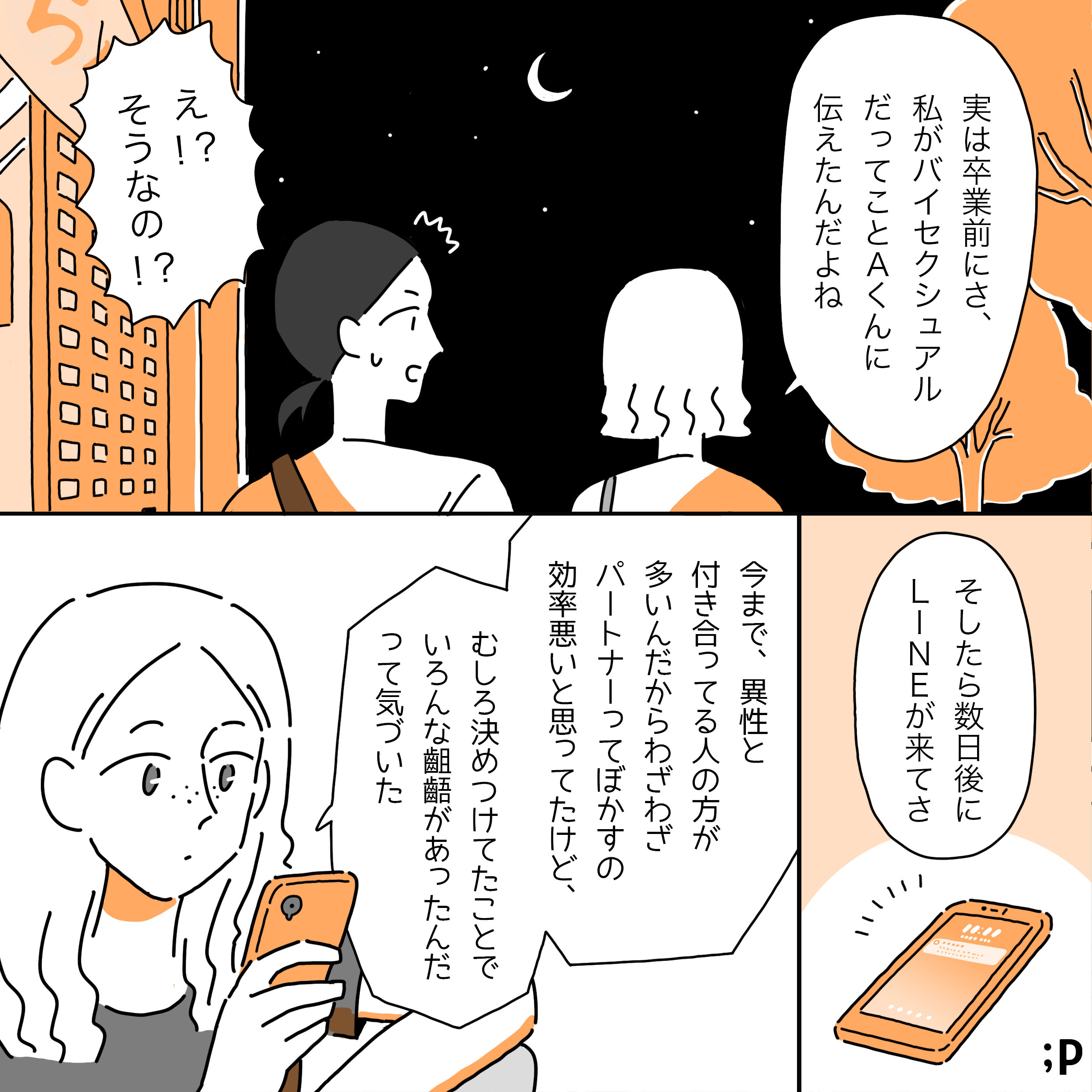 B：実は卒業前にさ、私がバイセクしゃうるだってことAくんに伝えたんだよね 主人公：え！？そうなの！？ B：そしたら数日後にLINEが来てさ… 今まで異性と付き合ってる人のほうが多いんだからわざわざパートナーってぼかすの効率悪いと思ってたけど、むしろ決めつけてたことでいろんな齟齬があったんだって気づいた。 B：「決めつけるほうが効率悪かったのかも」って 主人公：あはは、あいつらしい…