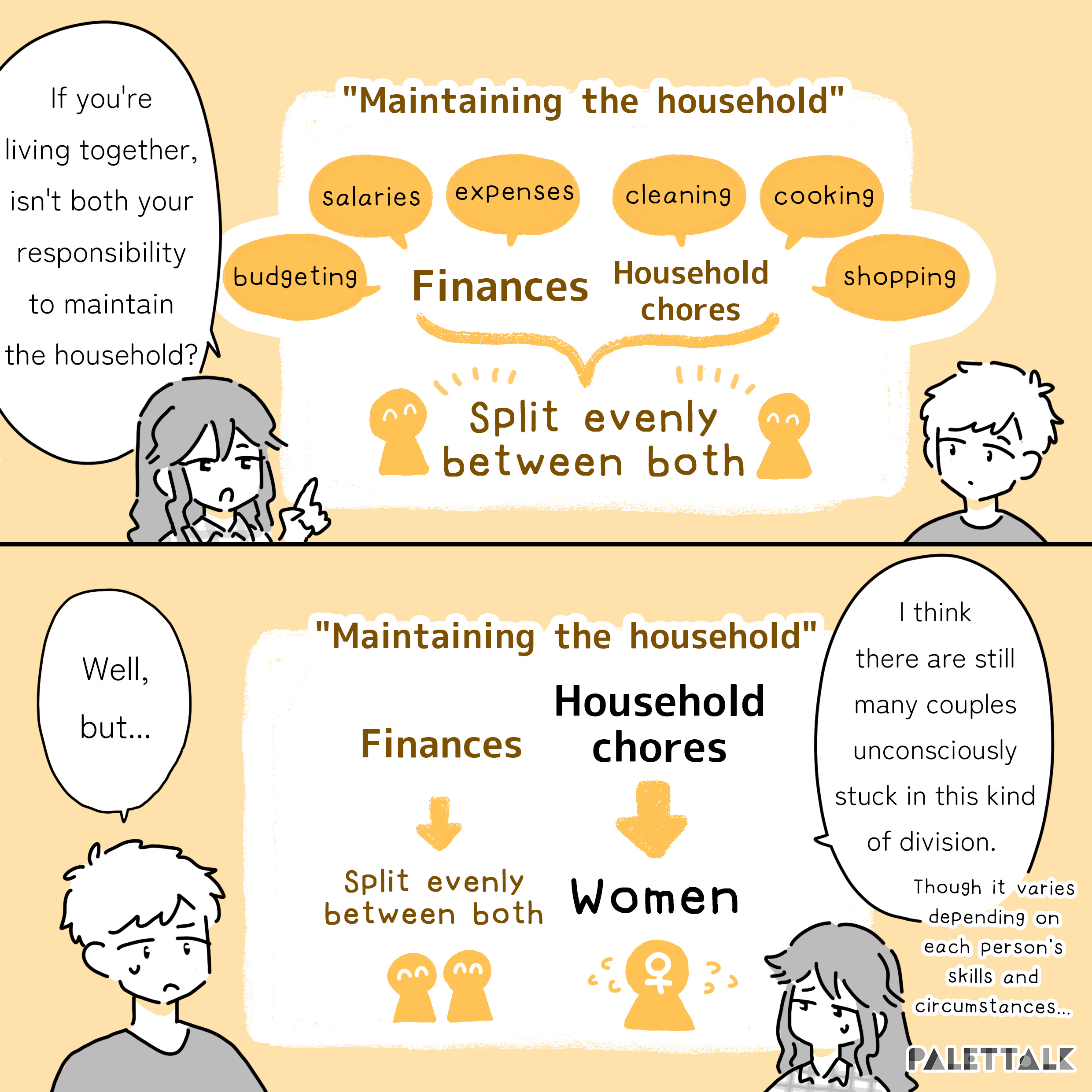 B: If you're living together, isn't it both your responsibility to maintain the household? 