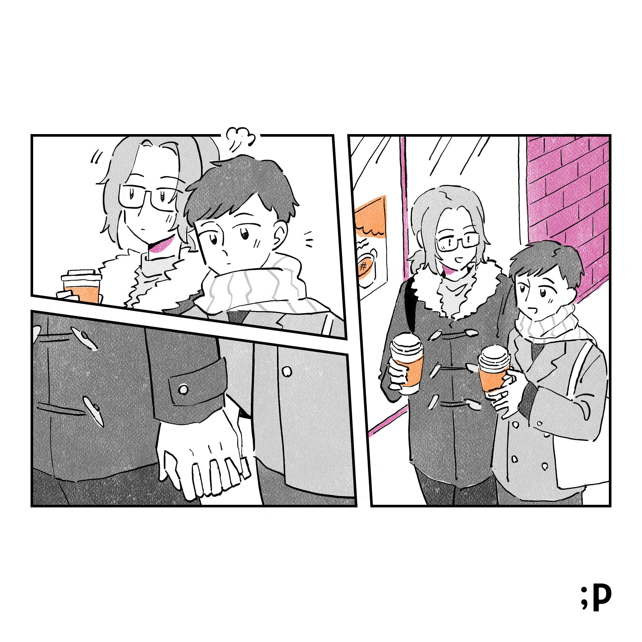 温かい飲み物を片手に冬の街を歩く葵と楓 肩がぶつかり、自然と恋人繋ぎをする