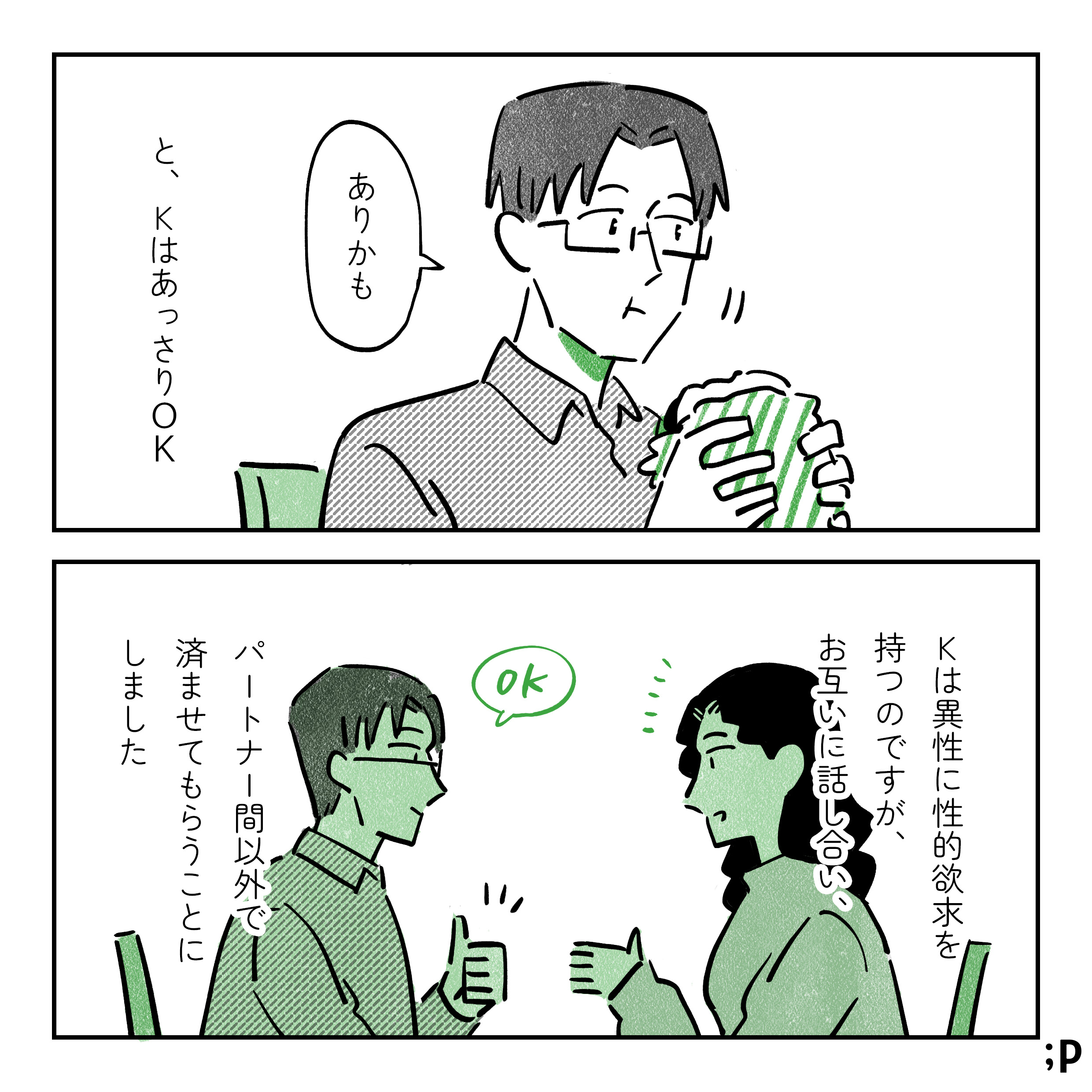 「ありかも」と、KはあっさりOK。Kは異性に性的欲求を持つのですが、お互いに話し合い、パートナー間以外で済ませてもらうことにしました。