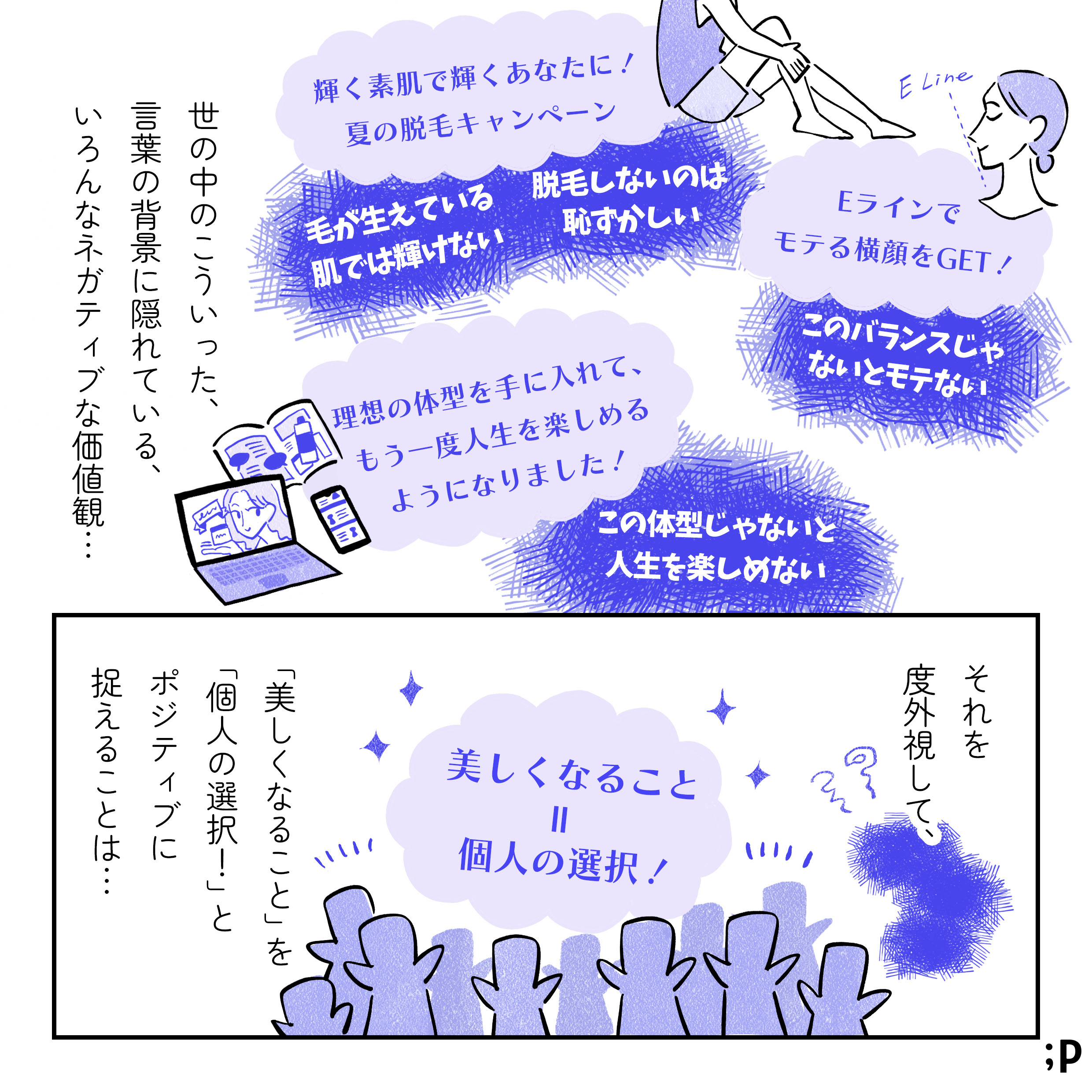 いろんな価値観や広告が溢れており、一見ポジティブな発信の裏にネガティブなメッセージが隠れているイラスト。「輝く素肌で輝くあなたに！夏の脱毛キャンペーン」には「毛が生えている肌では輝けない」「脱毛しないのは恥ずかしい」というメッセージ。「Eラインでモテる横顔をGET！」には「このバランスじゃないとモテない」というメッセージ。「理想の体型を手に入れて、もう一度人生を楽しめるようになりました！」という発信には「この体型じゃないと人生を楽しめない」というメッセージなどなど。世の中のこういった、言葉の背景に隠れている、いろんなネガティブな価値観…それを度外視して「美しくなること」を「個人の選択！」とポジティブに捉えることは…。