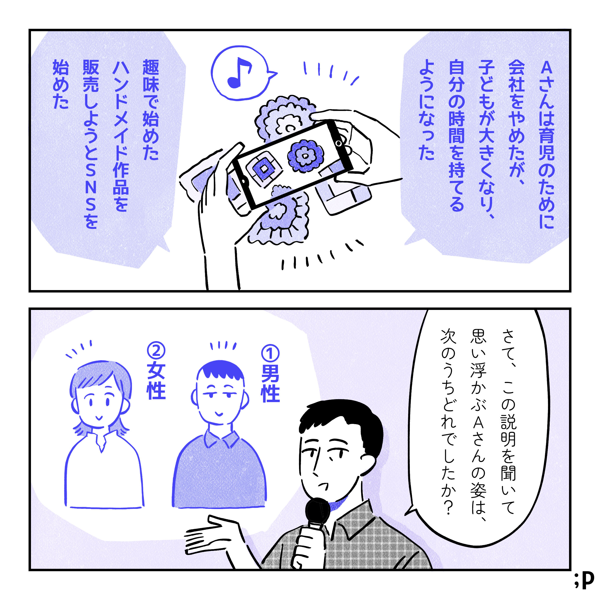 問題「Aさんは育児のために会社をやめたが、子どもが大きくなり、自分の時間を持てるようになった。趣味で始めたハンドメイド作品を販売しようとSNSを始めた」担当者「さて、この説明を聞いて思い浮かぶAさんの姿は、次のうちどれでしたか？」選択肢、①男性のイラスト、②女性のイラスト