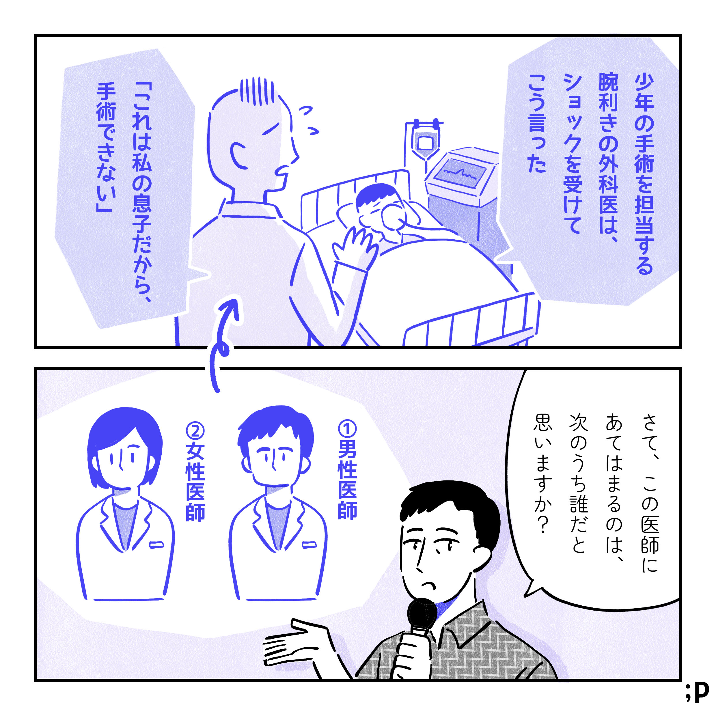 「少年の手術を担当する腕利きの外科医はショックを受けてこう言った。『これは私の息子だから、手術できない』」担当者「さて、この医師にあてはまるのは、次のうち誰だと思いますか？」選択肢、①男性医師、②女性医師
