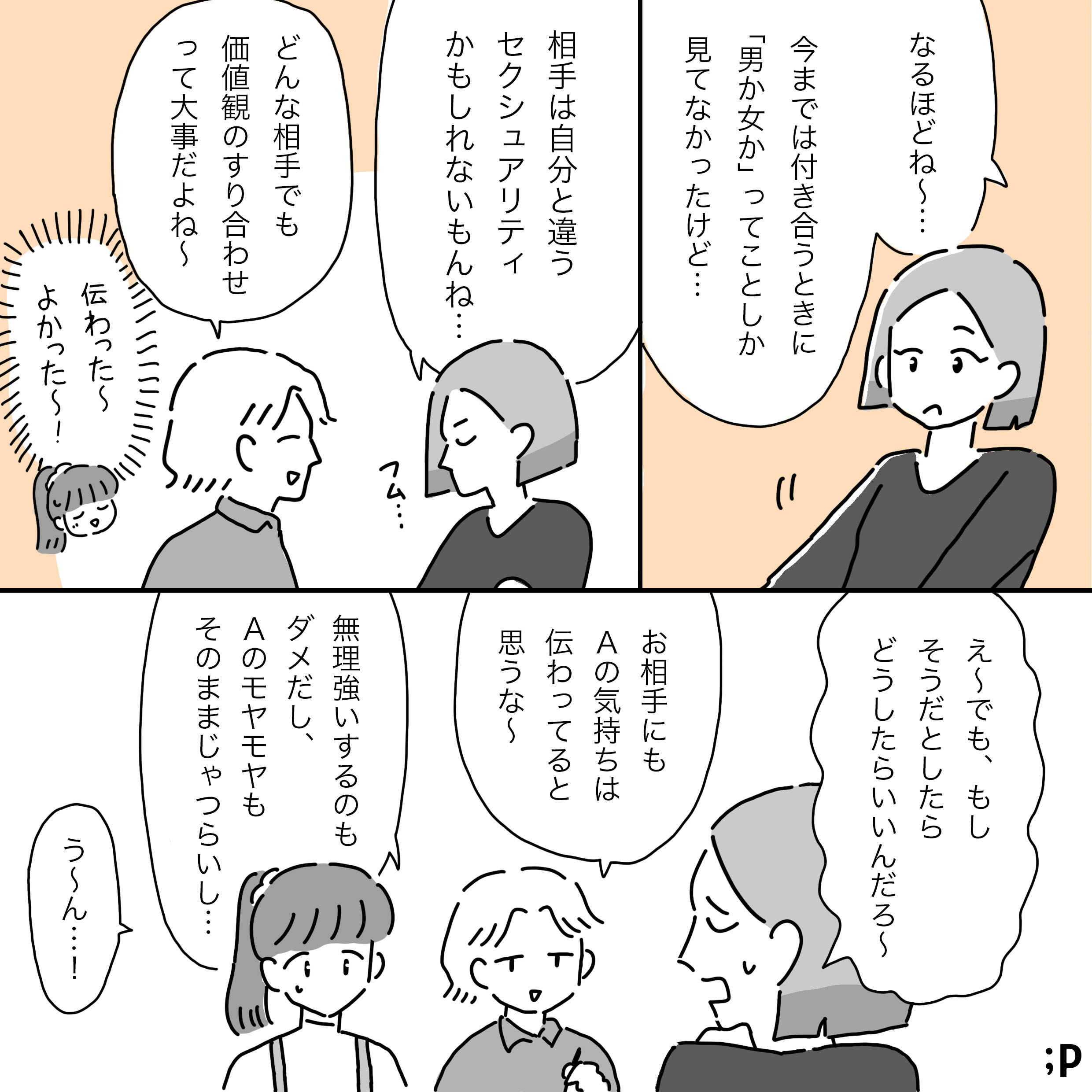 主人公の話を聞いて納得した様子の友人Aが「なるほどね～…今までは付き合うときに『男か女か』ってこととしか見てなかったけど…相手は自分と違うセクシュアリティかもしれないもんね…」と頷く。友人Bは「どんな相手でも価値観のすり合わせって大事だよね～」と同意する。主人公は「伝わった～！よかった～！」と喜んでいる。 しかし「え～でも、もしそうだとしたらどうしたらいいんだろ～」とAは困惑した様子。友人Bは「お相手にもAの気持ちは伝わってると思うな～無理強いするのもダメだし、Aのモヤモヤもそのままじゃつらいし…」と助言する。主人公は「う〜ん...！」と考え込んでいる。