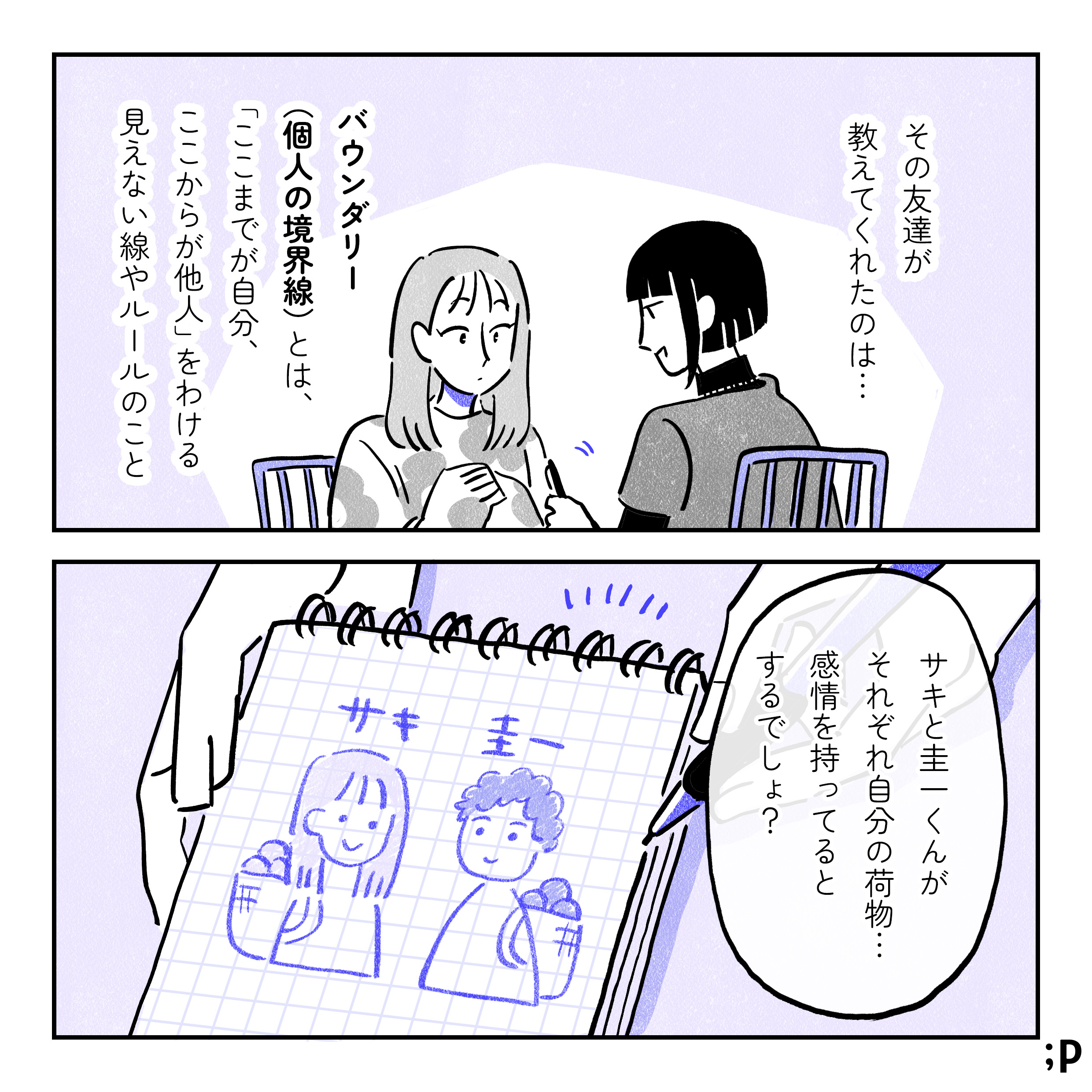 その友達が教えてくれたのは…バウンダリー（個人の境界線）とは、「ここまでが自分、ここからが他人」をわける見えない線やルールのこと。ノートに書いて説明するカナエ「サキと圭一くんがそれぞれ自分の荷物…感情を持ってるとするでしょ？」サキと圭一がそれぞれ自分の荷物（感情）を持っている絵。